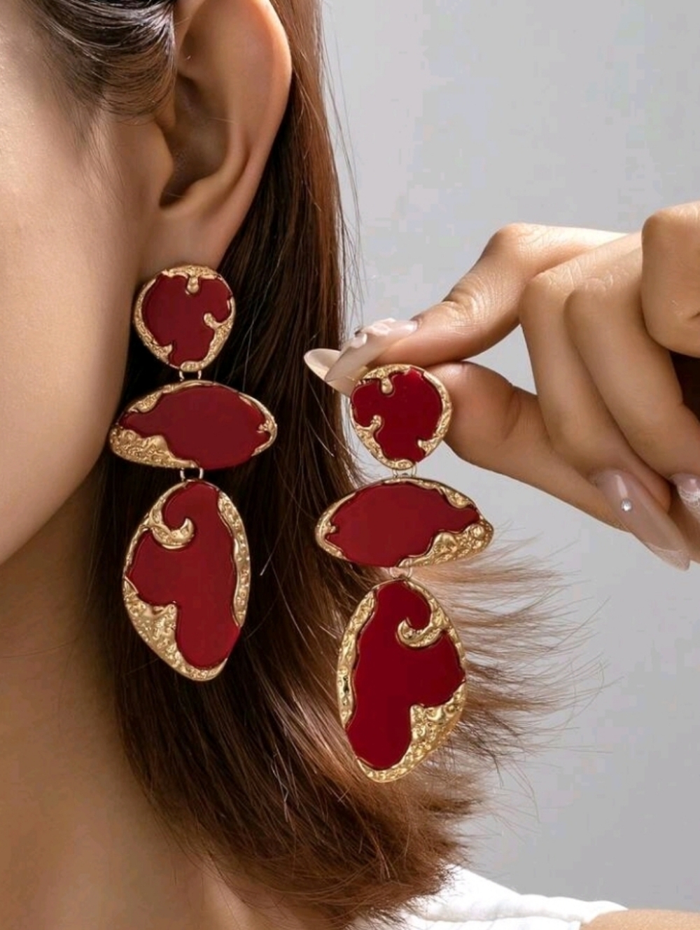 NEW! Stunning Red Gold-Trim Statement Asymmetrical Dangle Drop Post Earrings